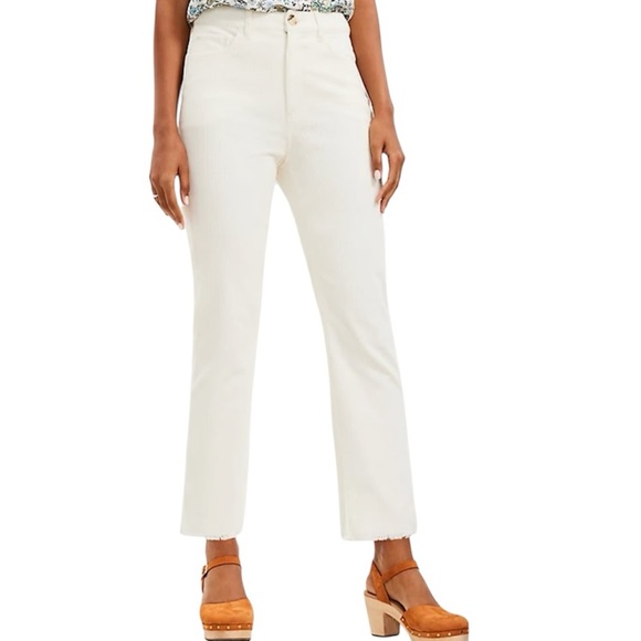 Loft Off White Corduroy High Rise Straight Leg Raw Hem Cropped Pants - Picture 1 of 10